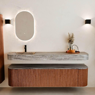 MONDIAZ THOR-DLUX 180cm meuble de salle de bains arrondi gauche + droite couleur Ruby avec 2 tiroirs et 2 portes. Vasque suspendue CLOUD Gauche 1 trou de robinet couleur Oza.