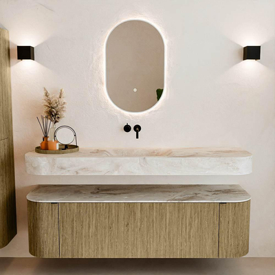 MONDIAZ THOR-DLUX 160cm meuble de salle de bains arrondi gauche + droite couleur Dusk avec 1 tiroir et 2 portes. Vasque suspendue CLOUD Milieu sans trou de robinet couleur Frappe.