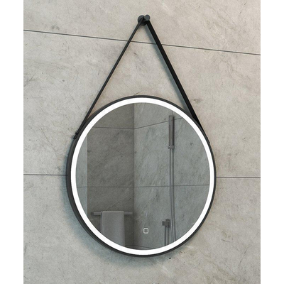 Wiesbaden Cinto spiegel rond met band, LED verlichting, dimbaar en spiegelverwarming 60 cm mat zwart