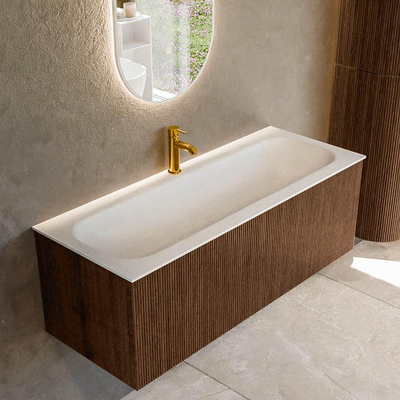 MONDIAZ KURVE 120cm badmeubel kleur Walnut met 1 lade. Wastafel BIG LARGE midden 1 kraangat Talc.