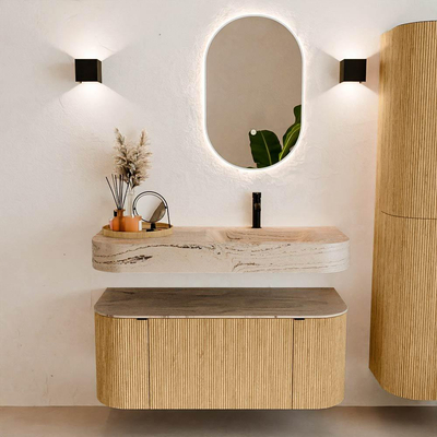 MONDIAZ THOR-DLUX 110cm badmeubel ronding links + rechts kleur Oak met 1 lade en 2 deuren. Vrijhangende wastafel CLOUD Rechts 1 kraangat kleur Arena.