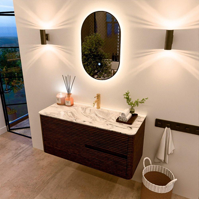 Mondiaz CIRO-DLUX Ensemble de meubles de salle de bains - 110x45x50cm - Plan vasque solid surface Glace - 1 vasque au milieu - 1 trou de robinet - 2 tiroirs - Noyer
