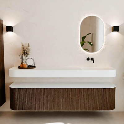 MONDIAZ THOR Meuble de salle de bains 190cm arrondi gauche + droite couleur Walnut avec 2 tiroirs et 2 portes. Vasque suspendue CLOUD droite sans trou de robinet couleur Talc.