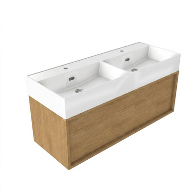 Saniclass Holz Frame Ensemble meuble de salle de bains - 120x45x52cm - Legend lavabo en céramique blanc - 2 vasques - 2 trous de robinetterie - 1 tiroir - chêne natural mat (bois)