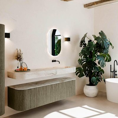 MONDIAZ THOR-DLUX Meuble de salle de bains 170cm arrondi gauche + droite couleur Shadow avec 1 tiroir et 2 portes. Vasque suspendue CLOUD Droite sans trou de robinet couleur Frappe.