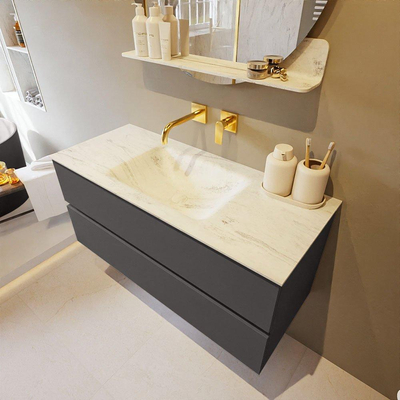 Mondiaz VICA-DLUX ensemble de meuble de salle de bain - 110cm - meuble sous-vasque gris foncé - 2 tiroirs - lavabo encastré cloud milieu - sans trous de robinet - version haute de 60cm - opalo