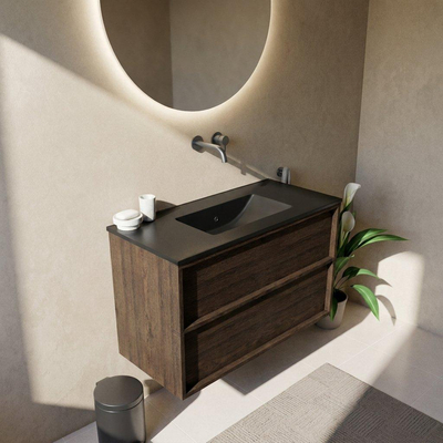 Saniclass Holz Frame Ensemble de meubles de salle de bains - 100x45x62cm - Vygo lavabo en céramique noir - 1 vasque - sans trou de robinet - 2 tiroirs - chêne charcoal mat (bois)