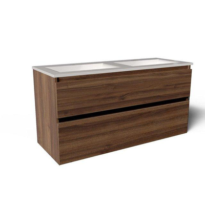 Saniclass Vita Meuble de salle de bain - 120x60x46cm - 2 tiroirs - sans poignée - 2 vasques - sans trous de robinet - trop-plein - céramique - noyer