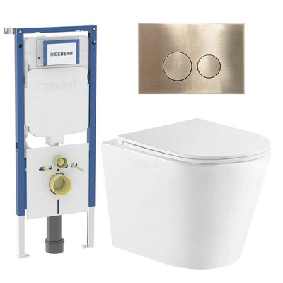 QeramiQ Dely Toiletset - 36.3x51.7cm - diepspoel - rimless - Geberit UP720 inbouwreservoir - softclose toiletzitting - geborsteld messing bedieningsplaat - ronde knoppen - met Burda frame - mat wit