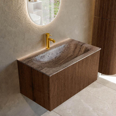 MONDIAZ KURVE-DLUX 80cm badmeubel kleur Walnut met 1 lade en 0 deuren. Wastafel BIG SMALL Midden 1 kraangat Oza.