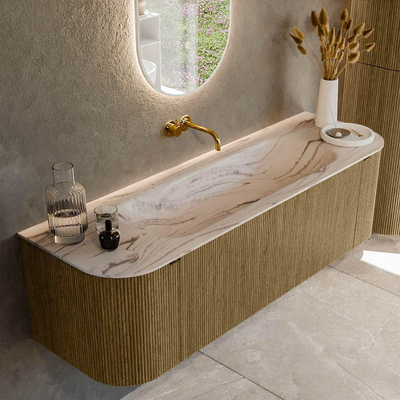 MONDIAZ KURVE-DLUX Meuble de salle de bains 150cm arrondi Gauche + Droite couleur Dusk avec 1 tiroir et 2 portes. Lavabo BIG MEDIUM Central sans trou de robinet Nata.