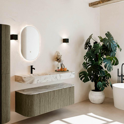 MONDIAZ THOR-DLUX 130cm meuble de salle de bains arrondi gauche + droite couleur Shadow avec 1 tiroir et 2 portes. Vasque suspendue CLOUD Gauche 1 trou de robinet couleur Glace.