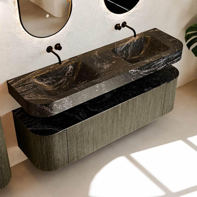 MONDIAZ THOR-DLUX 160cm meuble de salle de bains arrondi gauche + droite couleur Shadow avec 1 tiroir et 2 portes. Vasque suspendue CLOUD Double sans trou de robinet couleur Lava.