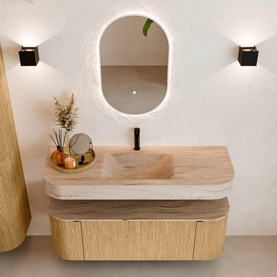 MONDIAZ THOR-DLUX 130cm badmeubel ronding links + rechts kleur Oak met 1 lade en 2 deuren. Vrijhangende wastafel CLOUD Midden 1 kraangat kleur Saba.