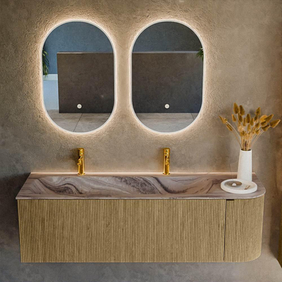 MONDIAZ KURVE-DLUX Meuble de salle de bains 145cm arrondi à droite couleur Dusk avec 1 tiroir et 1 porte. Lavabo BIG LARGE à gauche 2 trous de robinetterie Sombra.