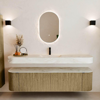 MONDIAZ THOR-DLUX 180cm meuble de salle de bains arrondi gauche + droite couleur Dusk avec 2 tiroirs et 2 portes. Vasque suspendue CLOUD Milieu 1 trou de robinet couleur Ostra.