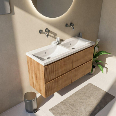 Saniclass Holz Atelier Ensemble de meubles de salle de bains - 120x45x63.5cm - Bari lavabo en céramique blanc - 2 vasques - sans trous de robinet - 2 tiroirs - chêne naturel mat (bois)