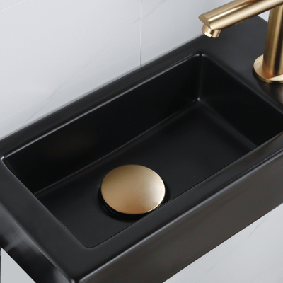 QeramiQ Fontein Fonteinset - 37.5x18.5x9cm - céramique - trou de robinet à droite - robinet lave-mains en laiton brossé - bonde de vidage - siphon abaissé - Noir Mat