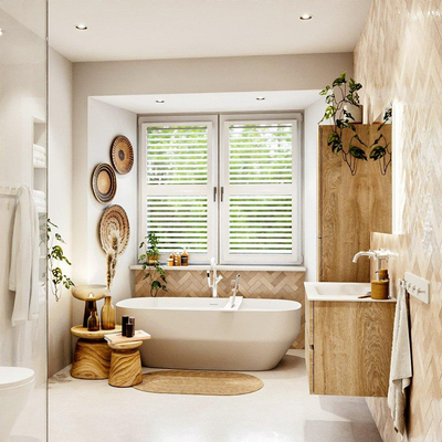MONDIAZ VICA meuble sous lavabo 80cm Chêne blanchi 2 tiroirs. Lavabo CLOUD centre 1 trou de robinet, couleur Talc.