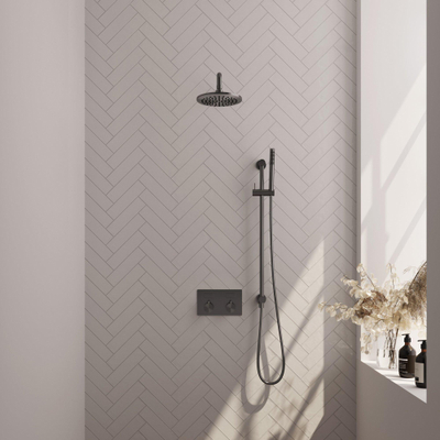 BRAUER gunmetal Edition Douche de tête thermostatique encastrée - boutons-poussoirs - SET 63 - douche de tête 20cm - bras mural courbé - douchette barre - flexible de douche - barre de douche intégrée - gunmetal brossé PVD