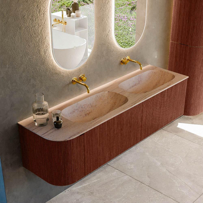 MONDIAZ KURVE-DLUX Meuble de salle de bains 165cm arrondi à gauche couleur Ruby avec 2 tiroirs et 1 porte. Lavabo STOR SMALL Double / Droite sans trou de robinet Saba.
