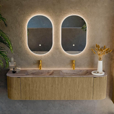 MONDIAZ KURVE-DLUX Meuble de salle de bains 170cm arrondi Gauche + Droite couleur Dusk avec 1 tiroir et 2 portes. Lavabo LEAF Double 2 trous de robinet Oza.