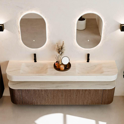 MONDIAZ THOR-DLUX Meuble de salle de bains - 200cm - arrondi gauche + droite - couleur Walnut - 2 tiroirs et 2 portes - Vasque suspendue CLOUD Double 2 trous de robinet - couleur Meli