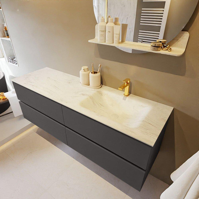 Mondiaz VICA-DLUX ensemble de meuble de salle de bain - 150cm - meuble sous-vasque gris foncé - 4 tiroirs - lavabo encastré cloud droite - 1 trou de robinet - version haute de 60cm - opalo