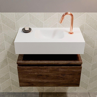 MONDIAZ ANDOR Toiletmeubel - 60x30x30cm - 1 kraangat - 1 lades - dark brown mat - wasbak midden - Solid surface - Wit