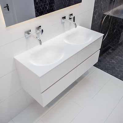 ENSEMBLE DE MEUBLE MONDIAZ VICA - 120cm - 4 tiroirs - lavabo Moon double - 0 trous de robinet - solid surface talc