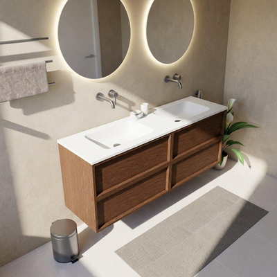 Saniclass Holz Frame Ensemble meuble de salle de bains - 160x45x77.5cm - vasque Torino en solid surface blanc - sans trou de robinetterie - 4 tiroirs - noyer pure mat (bois)