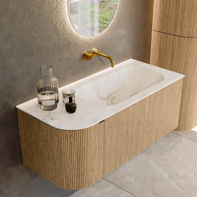MONDIAZ KURVE-DLUX Meuble de salle de bains 105cm avec module 25 L couleur Oak avec 1 tiroir et 1 porte. Lavabo BIG SMALL droit sans trou de robinet couleur Frappe.