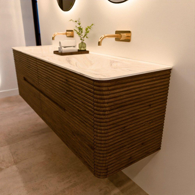 Mondiaz CIRO-DLUX Badkamermeubelset - 160x45x50cm - Solid surface wastafel Ostra - 2 wasbak Dubbel - zonder kraangaten - 4 lades - Dusk