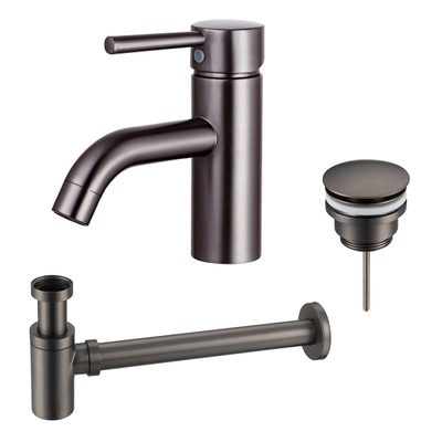 Fortifura Calvi Wastafelkraanset - lage wastafelkraan - klikwaste plug - verlaagde design - sifon - PVD - geborsteld gunmetal (antraciet)