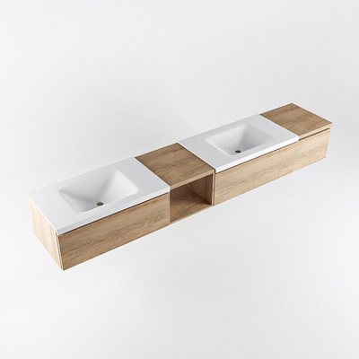 MONDIAZ BUKLA 240cm ensemble de meuble avec module ouvert 40 gauche couleur Chêne blanchi avec 3 tiroirs. Lavabo CLOUD double 2 trous de robinet couleur Talc.