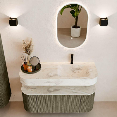 MONDIAZ THOR-DLUX 120cm meuble de salle de bains arrondi gauche + droite couleur Shadow avec 1 tiroir et 2 portes. Vasque suspendue CLOUD Droite 1 trou de robinet couleur Ostra.