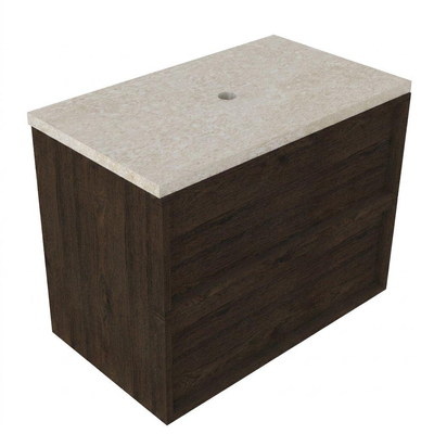 Saniclass Holz Frame Ensemble de meuble de salle de bains - 80x45x63cm - Plan de travail en pierre naturelle travertin - sans trou de robinetterie - 2 tiroirs - chêne charcoal mat (bois)