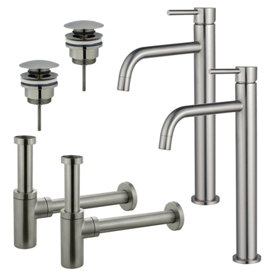FugaFlow Eccelente Sobrado Slim Kit robinet lavabo - pour double vasque - robinet rehaussé - bonde clic clac - siphon design - PVD