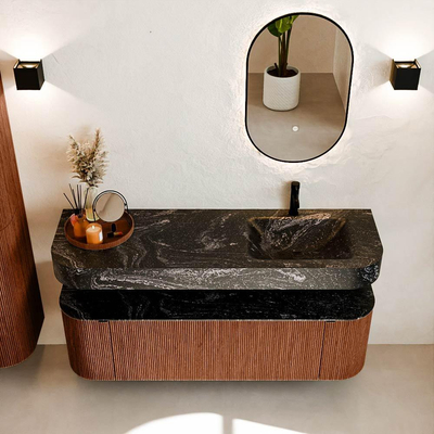 MONDIAZ THOR-DLUX 150cm meuble de salle de bains arrondi gauche + droite couleur Ruby avec 1 tiroir et 2 portes. Vasque suspendue CLOUD Droite 1 trou de robinet couleur Lava.