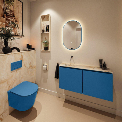 MONDIAZ TURE-DLUX Meuble toilette - 100cm - Jeans - EDEN - vasque Frappe - position gauche - sans trou de robinet