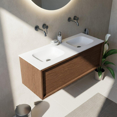 Saniclass Holz Frame Ensemble meuble de salle de bains - 120x45x41.5cm - Vasque Flow en solid surface blanc - 2 vasques - sans trous de robinet - 1 tiroir - walnut pure mat (bois)