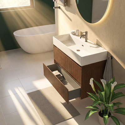 Saniclass Holz Atelier Ensemble meuble de salle de bains - 100x45x72cm - lavabo Legend en céramique blanc - 1 vasque - 1 trou de robinetterie - 2 tiroirs - noyer pur mat (bois)