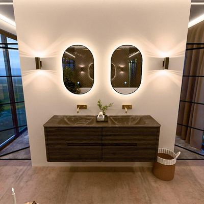 Mondiaz CIRO-DLUX Ensemble de meubles de salle de bains - 150x45x50cm - Plan vasque solid surface Lava - 2 vasques double - sans trous de robinet - 4 tiroirs - Shadow