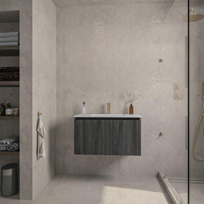 Adema Holz Ensemble meuble salle de bains - 80x45x45cm - 1 vasque en céramique blanche - 1 trou de robinet - 1 tiroir - miroir - Chocolate