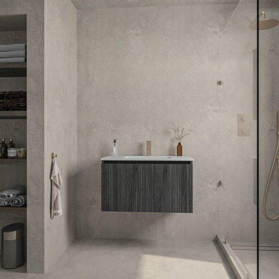 Saniclass Holz Base Badkamermeubelset - 80cm - 1 keramische wasbak wit - 1 kraangat - 1 lade - spiegel - zwartbruin SHOWROOMMODEL