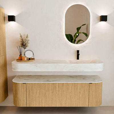 MONDIAZ THOR-DLUX 150cm meuble de salle de bains arrondi gauche + droite couleur Oak avec 1 tiroir et 2 portes. Vasque suspendue CLOUD Droite 1 trou de robinet couleur Ostra.