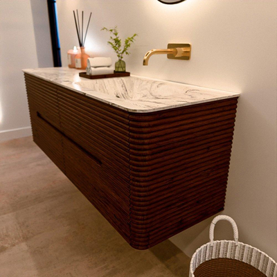 Mondiaz CIRO-DLUX Meuble de salle de bains - 140x45x50cm - vasque solid surface Glace - 1 lavabo à droite - sans trous de robinet - 4 tiroirs - Ruby