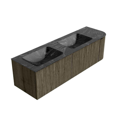 Mondiaz KURVE-DLUX Ensemble de meubles de salle de bains - 155x46x40cm - 2 tiroirs - 1 porte - lavabo solid surface - double / gauche - 2 trous de robinet - Shadow