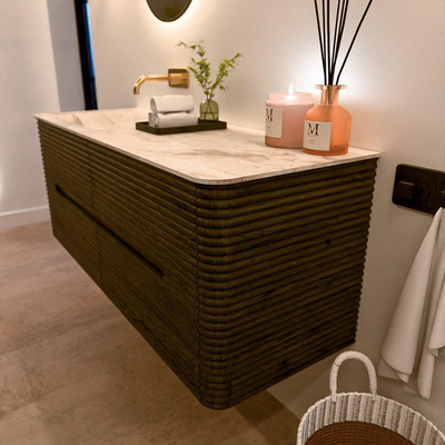 Mondiaz CIRO-DLUX Ensemble de meubles de salle de bains - 130x45x50cm - lavabo solid surface Frappe - 1 vasque à gauche - sans trous de robinet - 4 tiroirs - Shadow