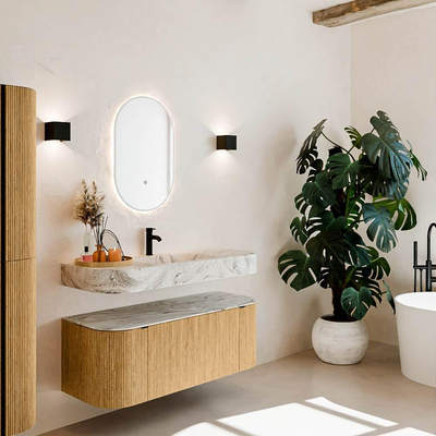 MONDIAZ THOR-DLUX 120cm meuble de salle de bains arrondi gauche + droite couleur Oak avec 1 tiroir et 2 portes. Vasque suspendue CLOUD Milieu 1 trou de robinet couleur Glace.